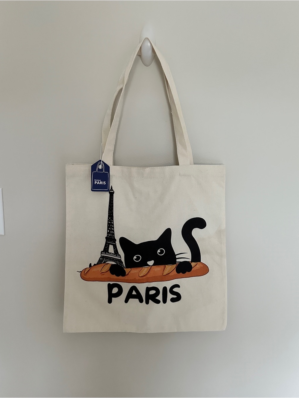 Canvas Paris Tote Bag with Black Cat and Baguette - Cream